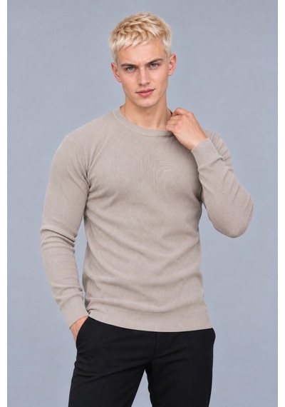 Hk Premium Erkek Fitilli Slim Fit Bisiklet Yaka Triko Kazak Bej