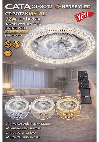 Cata Ct-3012 Kristal Ledli Tavan Vantilatörü 3renk Modu Beyaz+4000k+günışığı Kumandalı