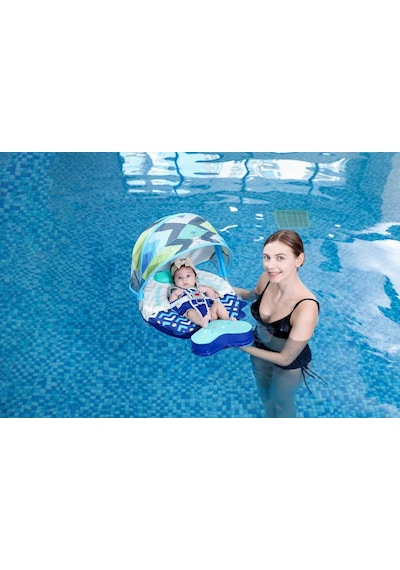 Mambobaby Yüzme Simidi - Yellow Colorfish, Emniyetli, Gölgelikli Ve Ayak Destekli
