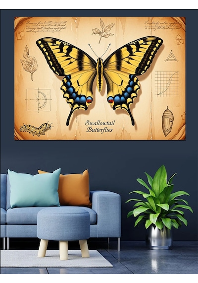Swallowtail Butterflies Sarı Kırlangıç Kuyruklu Kelebek Eskiz Fonlu Dekoratif Kanvas - Mdf Ahşap Tablo