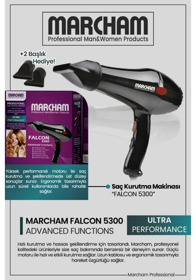 Marcham Profesyonel Fön Makinesi 2 Başlıklı 2400 Watt Siyah