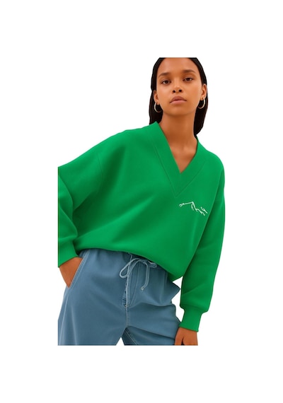 Benroma Dağ Baskılı Ünisex V Yaka Sweatshirt Yeşil