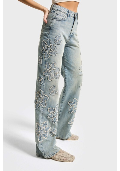 it's basic Kadın Kot Rengi 4s6-67 Straight Fit Yüksek Bel Nakış Detaylı Özel Tasarım Denim Jean Mavi