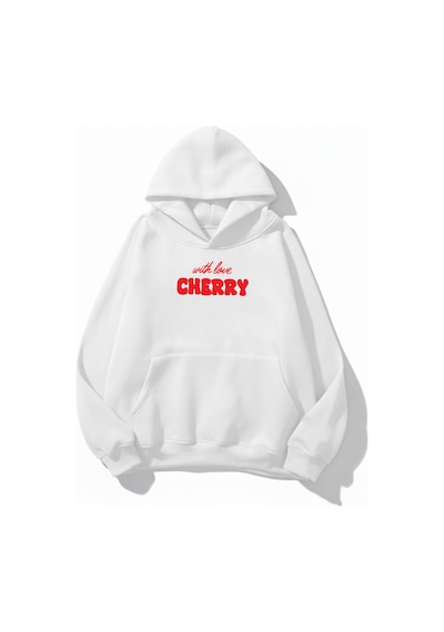 Uyguntarz Unisex Yumuşak Dokulu With Love Cherry Baskılı Tasarım Oversize 3 İplik Hoodie Sweatshirt beyaz