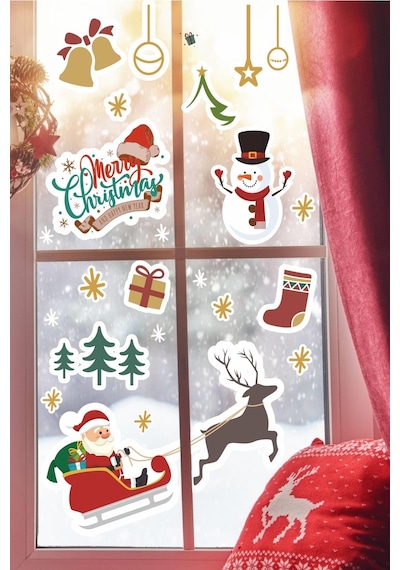 MSticker Yılbaşı Sticker Seti Kızakta Noel Baba, Noel Süsleri Duvar-cam Sticker