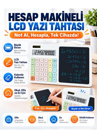 12 Haneli Güneş Enerjili Hesap Makinesi Lcd Yazı Tabletli Kalemli Pastel Renkli Masaüstü Hesap Makinesi Not Tableti Beyaz