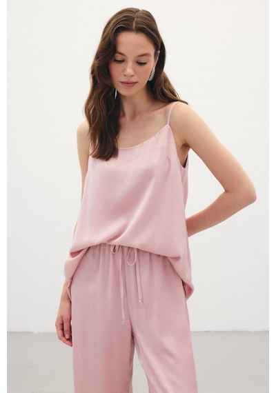 Sateen Askılı Saten Bluz - Pudra-136345 Pudra