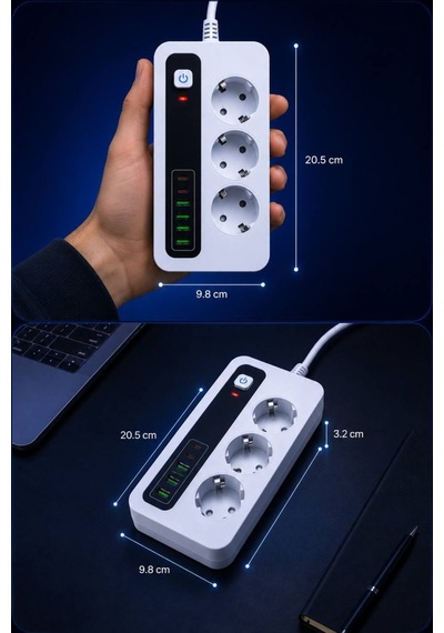 3000w Akıllı 3'lü Priz Usb' Li Uzatma Kablo - 4 Usb + 2 Type-c Hızlı Şarj 2 Mt Uzatma Kablo 2 - 5 M