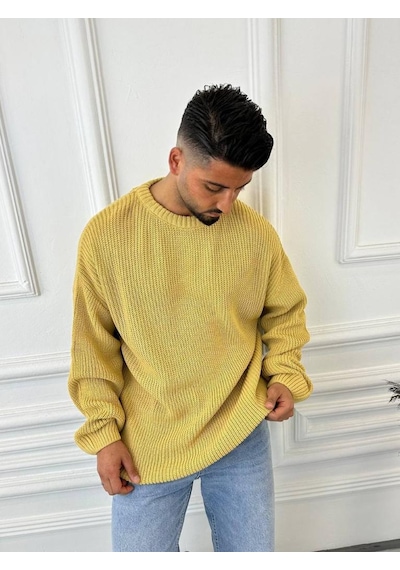 Elku Moda Kazak Oversize Çift Kat Örme Naturel Pamuk Bol Kesim Tüylenmeyen Salaş Triko Kazak Hardal