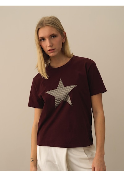 Xint Bordo Pamuk Dokulu Oversize Tişört 602325