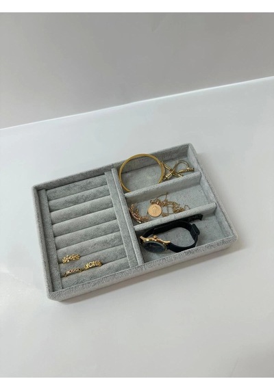 Yerli Üretim Süet Kumaş Gri Renk 3 Lü Takım Çekmeçe Içi Takı Standı Çok Renkli