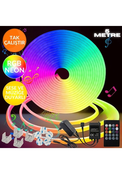 Sese Ve Müziğe Duyarlı Neon Led Rgb Esnek 5 Metre Kumandalı