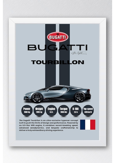 Bugatti Tourbillon Araba Tablosu - Teknik Özellikli Otomobil Poster - Çerçeveli Duvar Dekoru Beyaz