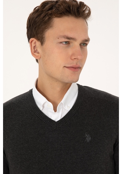 U.S. Polo Assn. Erkek Slim Fit V Yaka Antrasit  Melanj Basic Triko Kazak 50313662-VR081