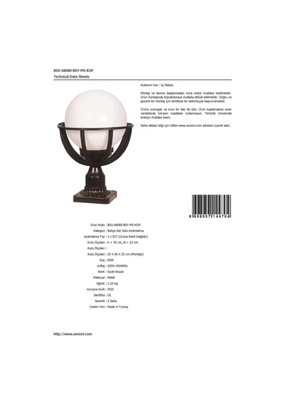 68080 Bahçe Set Üstü Aydınlatma, 60 W, Siyah