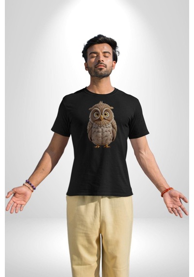 Baykuş Unisex Unisex Siyah Organik Baskılı T-shirt Penye Yüksek Kalite Siyah