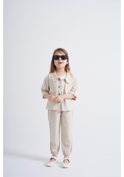 Oliven The Kid Oliventhekid Bej Keten Beli Ve Paçaları Lastikli Cepli Rahat Unisex Çocuk Pantolon Bej Bej