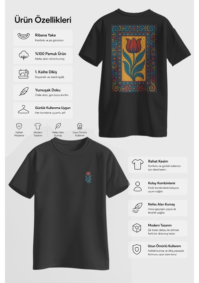 Spoyi Osmanlı Lalesi Tasarımlı %100 Pamuk Yarım Oversize Siyah T-shirt