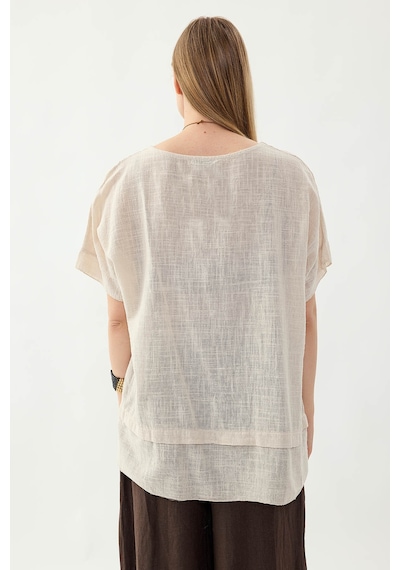 Vitrin %100 Keten Çiçekli Oversize Bluz Bej
