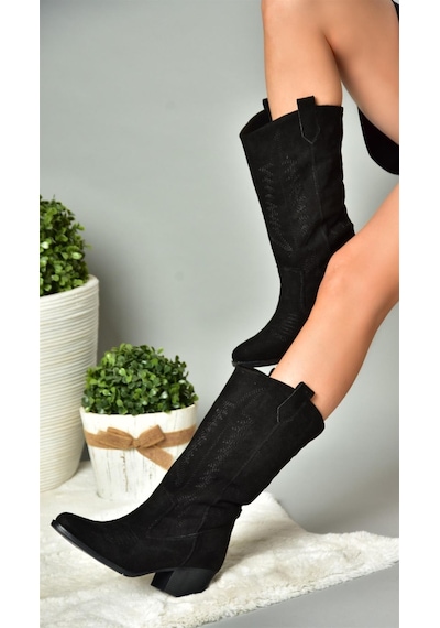 Fox Shoes R973934002 Siyah Süet Alçak Topuklu Kadın Çizme Siyah
