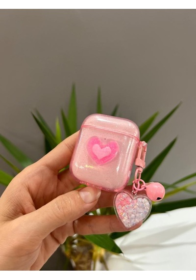 Apple Uyumlu AirPods 2.nesil Simli Pembe Kalp Tasarımlı Love Kılıf