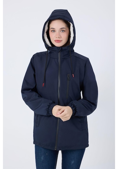 Kadın Kürklü Su Ve Rüzgar Geçirmez Kapüşonlu Kışlık Mont & Kaban & Parka-68 Lacivert