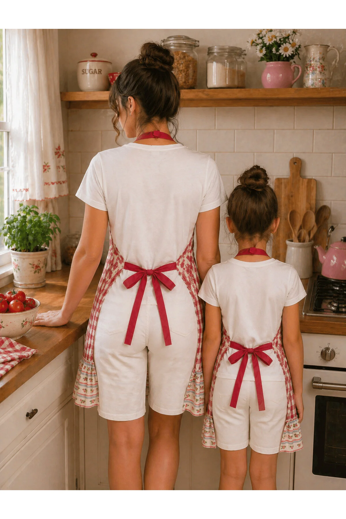 Ays Home Kırmızı Pötikareli Fırfırlı Anne Çocuk Mutfak Önlüğü Anneler Günü