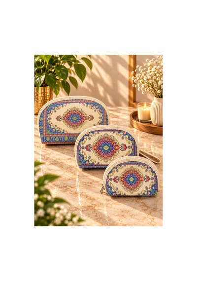 Badufa Home Desenli Fermuarlı Çok Amaçlı 3 Boy Mini Çanta -simli Bej-açık Mavi Bej-açık Mavi
