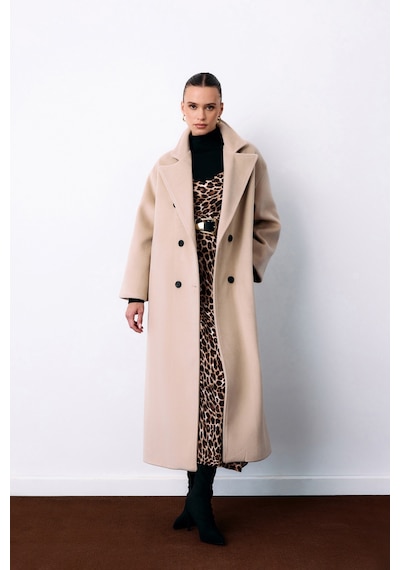 Sateen Kruvaze Uzun Kaban - Bej-135258 Bej