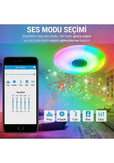 Akıllı Rgb Led Tavan Lambası Bluetooth Hoparlörlü, Müzikli, Uygulama Kontrollü 60w Beyaz