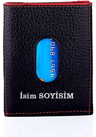 Anı Yüzük Twelve Hakiki Deri Patlı Kartlık Cüzdan Siyah-kırmızı Detaylı Siyah
