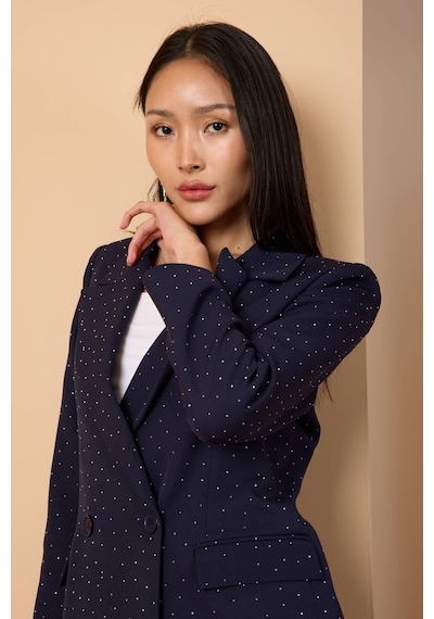 Lacivert Regular Dokuma Astarlı Taş Detaylı Blazer Ceket Lacivert