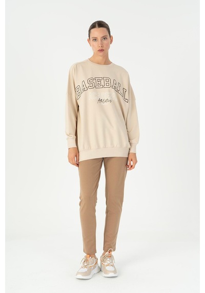 Maraton Oversize Kadın Bisiklet Yaka Bej- Sweatshirt Bej-