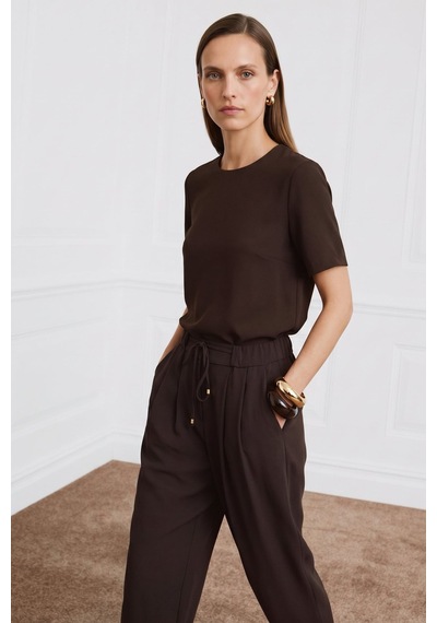 Sateen Kısa Kollu Bluz - Kahve-137404