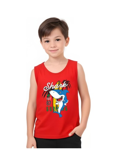 Fyk Kids Erkek Çocuk Baskılı Sıfır Kol Shark Surfıng Alt-üst Takım Kırmızı
