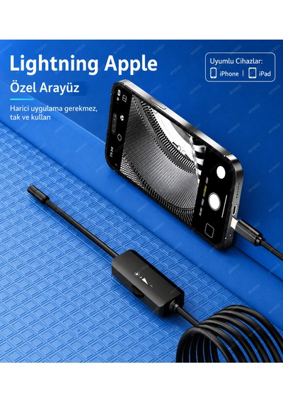Endoskop Yılan Kamera İphone Uyumlu Led'li 5 Metre 7 Mm Sert Kablo 2mp Full Hd