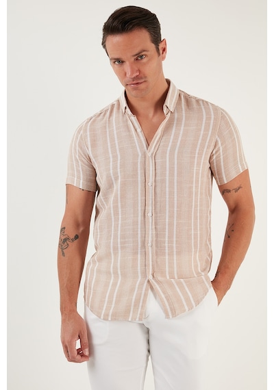 Buratti Çizgili Pamuklu Slim Fit Kısa Kollu Erkek Gömlek Cf23S116097 Taş