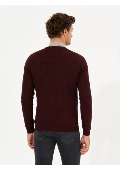 Cacharel Bordo Slim Fit V Yaka Basic Triko Kazak Kırmızı