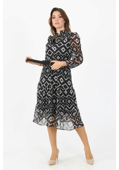 Neşeli Butik Kadıın Yeni Sezon Midi Boy Desenli Şifon Elbise Apcx06 Siyah