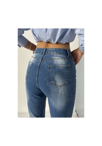 Blue Marlın Kadın Lazer Yırtık Mavi İşlemli Kot Dar Paça Pantolon Jeans Lacivert