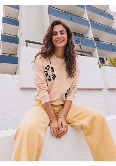 Onloox Kadın Bej Bej Pamuklu Bisiklet Yaka Uzun Kollu Rahat Kesim Çiçek Nakışlı Üç İplik Şardonlu Sweatshirt