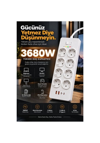 8 Prizli Çoklu Priz 3680w 2 Usb-a + 2 Type-c Akım Korumalı Güç Dağıtıcı 0 - 2 M