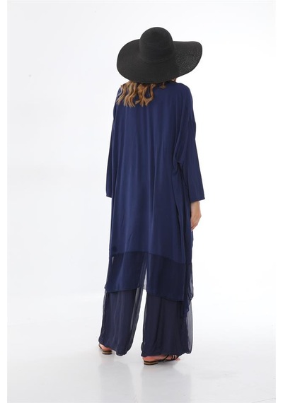 Bohem Stil Italyan Ipek Detaylı Oversize Kap Bluz- Wes Pantolon Takım-8789 Lacivert