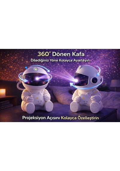 Astronot Şekilli Galaksi Projeksiyon Gece Lambalı Kumandalı Çocuk Odası Uzay Lambalı Beyaz
