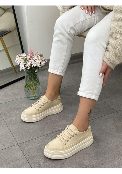 Erva'nın Butiği Ekru Keten Werner Bağcıklı Kadın Sneakers-5358