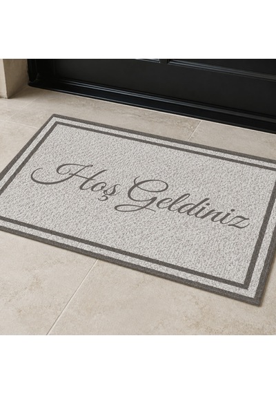 Kartela Halı Hoş Geldiniz Yazılı Çift Çerçeveli Kapı Paspası Açık Gri Kaymaz Kauçuk Taban 60x90 Cm