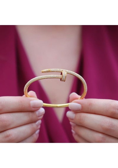 Crtr Çivi Model Zirkon Taşlı Gold Kaplama Gümüş Bileklik Gümüş