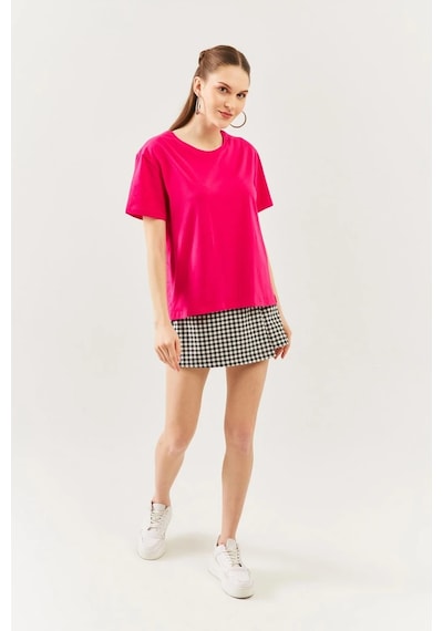 Kadın Oversize Rahat %100 Pamuklu Penye Bisiklet Yaka Kısa Kol Basic T-shirt Fuşya