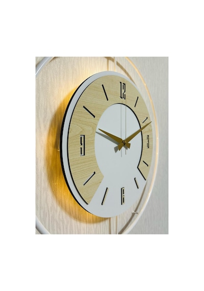 Pey Aksesuar 50x70 Cm Metal Ahşap Ve Işığın Muhteşem Uyumu Duvar Saati Dekoratif Ahşap-m54-beyaz-beyaz-akça-akça