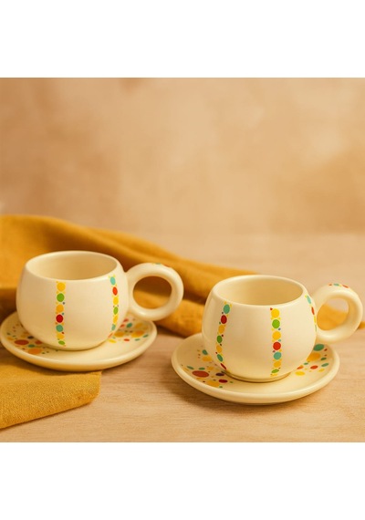 Dekorasyaa Duble 2'li Seramik Kahve Fincan Takımı - 150ml - Renkli Benek Desenli Beyaz